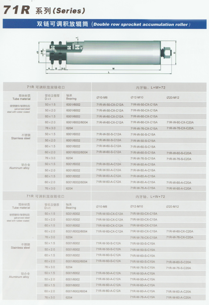 双链可调积放辊筒